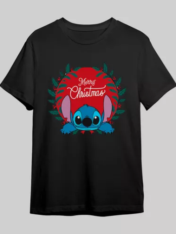 Camiseta 100% Algodão Estampa Personagem Stitch Natal