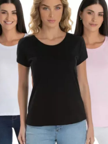 Kit 3 Blusas Feminina Tshirt Algodão Camiseta Baby Looks