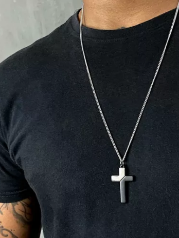 Corrente Masculina Colar Crucifixo Cruz Prata Preta Aço Inox