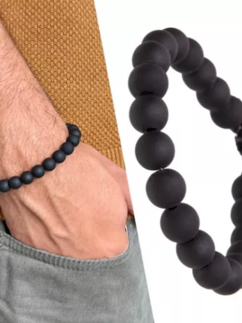 Pulseira Bolinhas Miçanga Preta Fosco Matte Masculina Femini